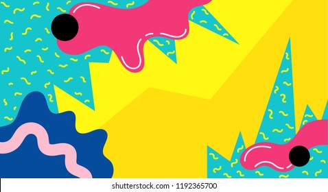 Memphis abstract pop art line and dots color pattern background. Vector liquid splash overlay geometric design memphis style.Color splash abstract cartoon background children playground banner.