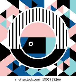 Memphis abstract poster design. Face geometric make you smile. Blue, pink, black, and white. 80s and 90s style.