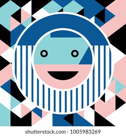 Memphis abstract poster design. Face geometric make you smile. Blue, pink, black, and white. 80s and 90s style.