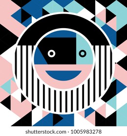 Memphis abstract poster design. Face geometric make you smile. Blue, pink, black, and white. 80s and 90s style.