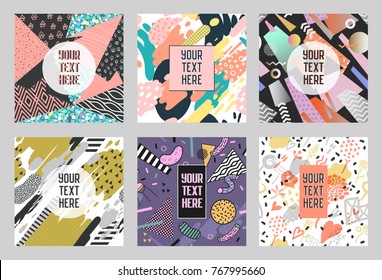 Memphis Abstract Posters Set with Geometric Shapes and Hand Drawn Brushes. Hipster Trendy Banners, Templates, Cover. 80 - 90s Fashion Cards. Vector illustration