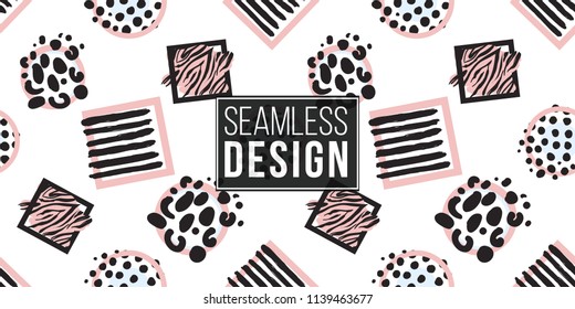 Memphis abstract seamless pattern with animal striped square frame, circles, polka dot elements. Vector graphic pink black line on white background