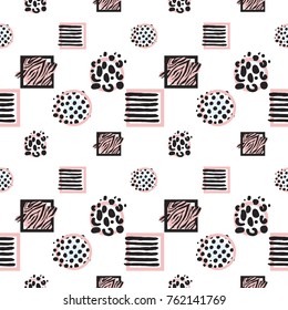 Memphis abstract seamless pattern with animal striped square frame, circles, polka dot elements. Hipster vintage 80s-90s pop art style banner design. Vector graphic pink black line on white background