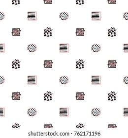 Memphis abstract seamless pattern with animal striped square frame, circles, polka dot elements. Hipster vintage 80s-90s pop art style banner design. Vector graphic pink black line on white background
