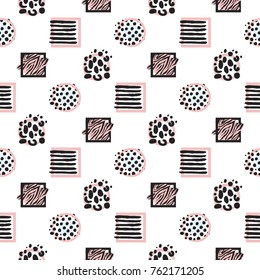 Memphis abstract seamless pattern with animal striped square frame, circles, polka dot elements. Hipster vintage 80s-90s pop art style banner design. Vector graphic pink black line on white background