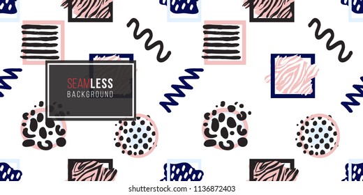 Memphis abstract seamless pattern with animalistic stripped and dotted circle and square frames, zig-zag and wave lines. Hipster vintage 80s-90s banner design. Geometric vector background.