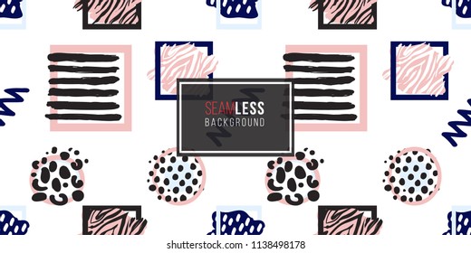 Memphis abstract seamless pattern with animalistic stripped and dotted circle and square frames, zig-zag and wave lines. Hipster vintage 80s-90s banner design. Geometric vector background.