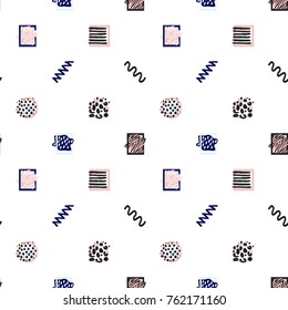 Memphis abstract seamless pattern with animalistic stripped and dotted circle and square frames, zig-zag and wave lines. Hipster vintage 80s-90s banner design. Geometric vector background.