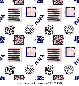 Memphis abstract seamless pattern with animalistic stripped and dotted circle and square frames, zig-zag and wave lines. Hipster vintage 80s-90s banner design. Geometric vector background.