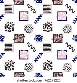 Memphis abstract seamless pattern with animalistic stripped and dotted circle and square frames, zig-zag and wave lines. Hipster vintage 80s-90s banner design. Geometric vector background.