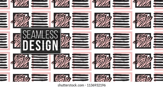Memphis abstract seamless pattern with black and pink animal striped square and lined frames. Modern hipster pop art design. 