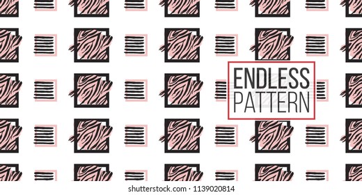 Memphis abstract seamless pattern with black and pink animal striped square and lined frames. Modern hipster pop art design. 