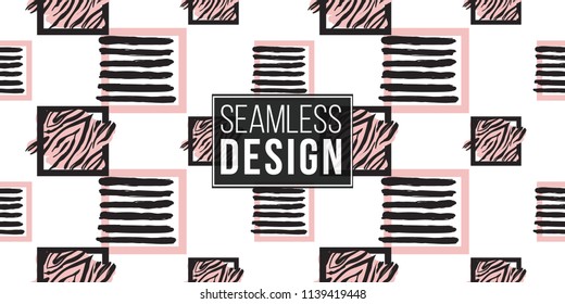 Memphis abstract seamless pattern with black and pink animal striped square and lined frames. Modern hipster pop art design. 