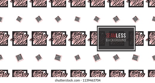 Memphis abstract seamless pattern with black and pink animal striped square and lined frames. Modern hipster pop art design. 