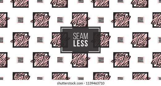 Memphis abstract seamless pattern with black and pink animal striped square and lined frames. Modern hipster pop art design. 
