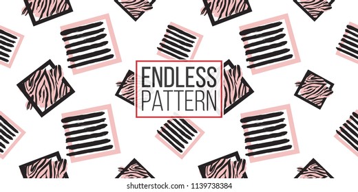 Memphis abstract seamless pattern with black and pink animal striped square and lined frames. Modern hipster pop art design. 