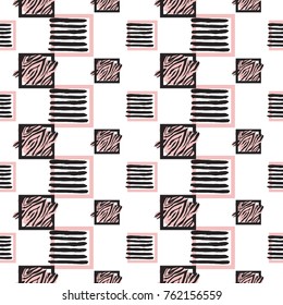Memphis abstract seamless pattern with black and pink animal striped square and lined frames. Hipster vintage 80s-90s pop art style funky banner design. Vector graphic black line on white background.
