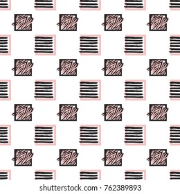 Memphis abstract seamless pattern with black and pink animal striped square and lined frames. Hipster vintage 80s-90s pop art style funky banner design. Vector graphic black line on white background.