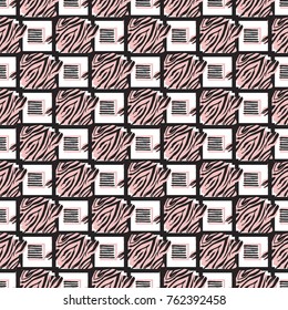 Memphis abstract seamless pattern with black and pink animal striped square and lined frames. Hipster vintage 80s-90s pop art style funky banner design. Vector graphic black line on white background.