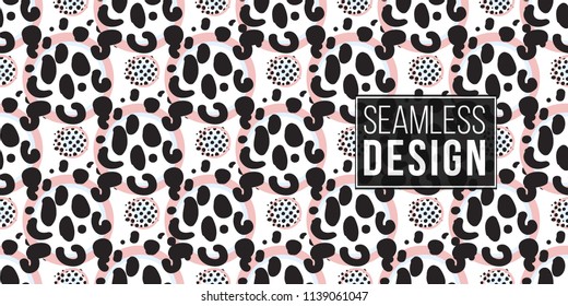Memphis abstract seamless pattern with blue pink polka dot and animal print circle elements. Modern hipster pop art design. 