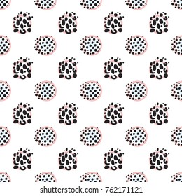 Memphis abstract seamless pattern with blue pink polka dot and animal print circle elements. Hipster vintage 80s-90s pop art style funky banner design. Vector graphic black line on white background.