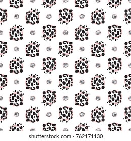 Memphis abstract seamless pattern with blue pink polka dot and animal print circle elements. Hipster vintage 80s-90s pop art style funky banner design. Vector graphic black line on white background.