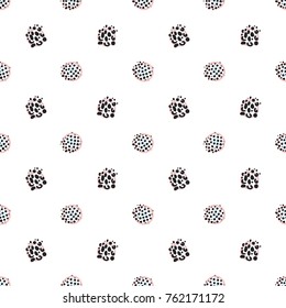 Memphis abstract seamless pattern with blue pink polka dot and animal print circle elements. Hipster vintage 80s-90s pop art style funky banner design. Vector graphic black line on white background.