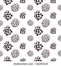 Memphis abstract seamless pattern with blue pink polka dot and animal print circle elements. Hipster vintage 80s-90s pop art style funky banner design. Vector graphic black line on white background.