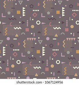 Memphis abstract seamless pattern of geometric shapes in pastel colors on dark background. Modern vector retro pop design for fashion, fabric prints, wallpaper, packaging, banner, poster, gift wrap.