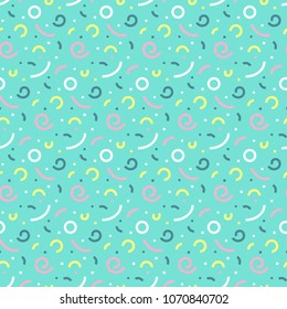 Memphis abstract seamless pattern of geometric shapes, circles, spirals, archs on green background. Simple vector retro design for fashion, textile print, wallpaper, packaging, banner, poster.