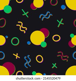 Memphis abstract seamless pattern on dark background. Vector 