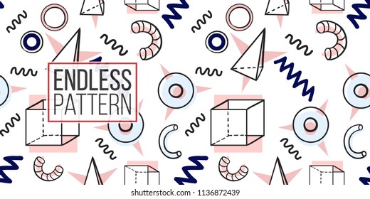 Memphis abstract seamless pattern with pink blue stars, circles, triangles, zig-zag lines, waves, cubes, confetti elements. Hipster vintage 80s-90s banner design. Geometric vector background.