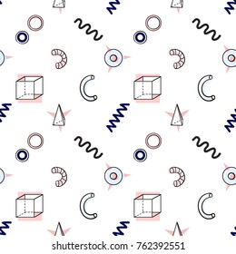 Memphis abstract seamless pattern with pink blue stars, circles, triangles, zig-zag lines, waves, cubes, confetti elements. Hipster vintage 80s-90s banner design. Geometric vector background.