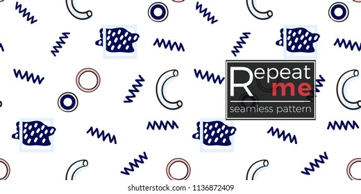 Memphis abstract seamless pattern with abstract rain, pink blue circles, zig-zag line, confetti elements. Modern hipster pop art design. Geometric vector background.