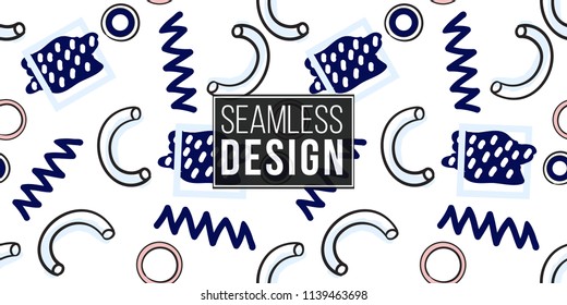 Memphis abstract seamless pattern with abstract rain, pink blue circles, zig-zag line, confetti elements. Modern hipster pop art design. Geometric vector background.