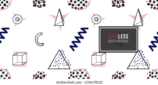 Memphis abstract seamless pattern with soft blue pink cube, circle, triangle, star, zig-zag, wave, confetti elements. Geometric vector background. 