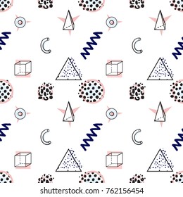 Memphis abstract seamless pattern with soft blue pink cube, circle, triangle, star, zig-zag, wave, confetti elements. Geometric vector background. Hipster vintage 80s-90s pop art style banner design.