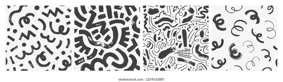 Colección de patrones abstractos sin fisuras Memphis. Líneas dibujadas de brochas curvadas y pulseras, trazos de garabatos. Fondos vectoriales dibujados a mano. Papeles geométricos en blanco y negro.