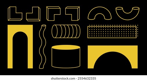 Memphis abstract shapes and forms, geometric flat and 3d figures, sticker set, retro decorative vector graphic elements.