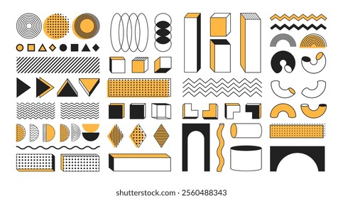 Memphis abstract shapes and forms, geometric flat and 3d figures, sticker set, retro decorative vector graphic elements with colorful accents.