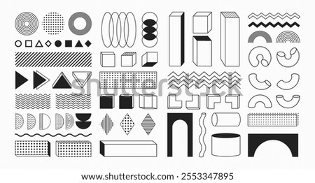 Memphis abstract shapes and forms, geometric flat and 3d figures, sticker set, retro decorative vector graphic elements.