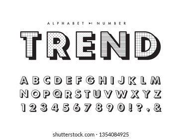 Memphis alphabet & number set. Vector Black & white pattern typography. Font collection for headline or title design of poster, brochure, scrapbook or print. 