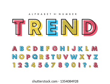 Memphis alphabet & number set. Vector decorative pattern typography. Font collection for headline or title design of poster, brochure, scrapbook or print. 