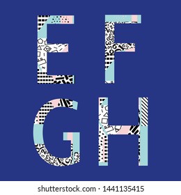Memphis alphabet set of letters and numbers-vector illustration. On blue background.