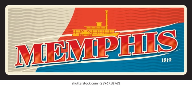 Memphis, placa de viaje retro de la ciudad americana, cartel de lata, pegatina turística. Placa de estaño de los Estados Unidos de América, tarjeta de recuerdo vectorial retro de los Estados Unidos. Ciudad de Memphis en Estados Unidos, estado de Tennessee