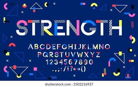 Memphis Kunstschriftart, abstrakte moderne Alphabet Schriftart und Hipster künstlerischen Typ. Vektor englisch abc Buchstaben und Zahlen Typografie-Set mit Memphis geometrische Muster von Flecken, Wellen-und Zickzack-Linien