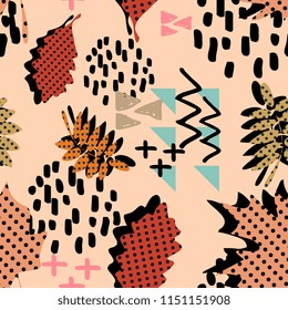 Memphis autumn fall foliage and leaves with geometrical abstract seamless pattern. Trendy backdrop for print and textile fashion.