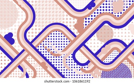 Memphis background. Abstract background with color lines and different elements for banner or mobile application. Retro Pattern with Color Elements for your Design. Vector Texture.