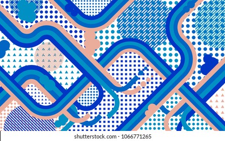 Memphis background. Abstract background with color lines and different elements for card or flyer. Retro-Fututristic Background with Color Elements in Disco Style. Vector Texture.