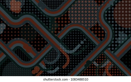 Memphis background. Abstract background with color lines and different elements for banner or mobile application. Pop-Art Style. Vintage Background with Color Elements in Disco Style. Vector Texture.